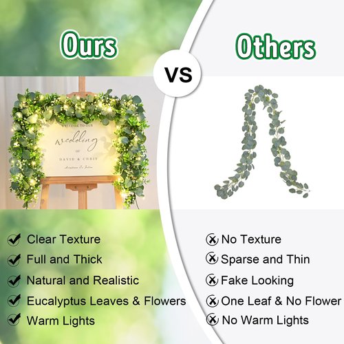 2Pcs Eucalyptus Garland with Lights, Greenery Garland, Green Garland with Flowers, 5.9FT Artificial Faux Eucalyptus Leaves Vines for Table Mantle Home Wedding Party Indoor Outdoor Decor