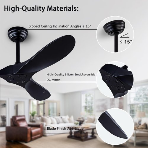 dearnow 52" Ceiling Fans with Remote Control without Light, Modern Reversible DC Motor Indoor Outdoor 3 Blade Ceiling Fan for Patio, Bedroom and Farmhouse (Black)