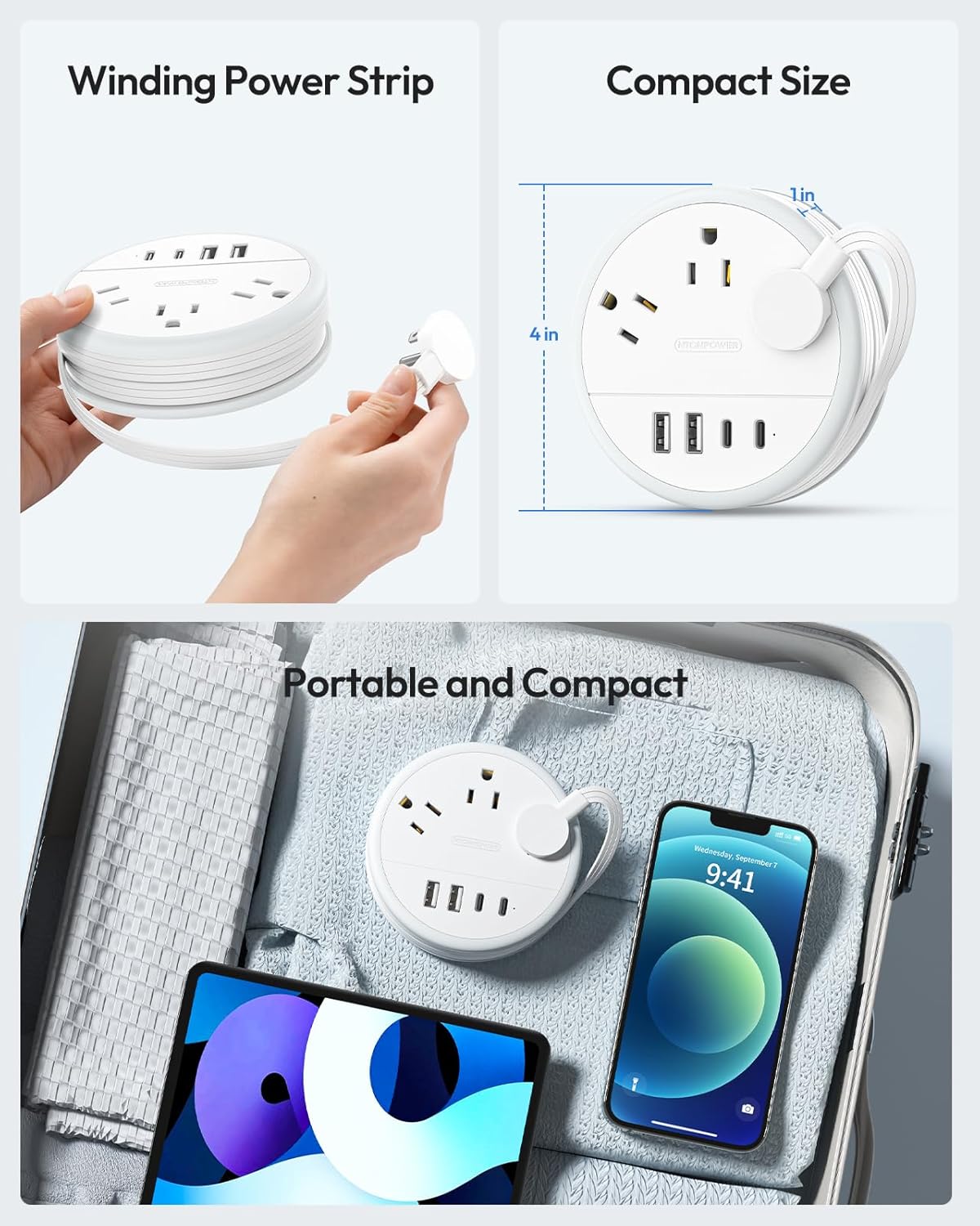 NTONPOWER Travel Power Strip - 3 Outlets & 4 USB Ports (2 USB-C) | 4FT Extension Cord for Cruise & Beach Trips