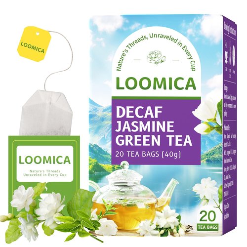 LOOMICA Decaf Jasmine Green Tea, Decaffeinated, Smooth & Refreshing Jasmine Green Tea Bags, Naturally Fragrant with Fresh Blossoms, Perfect for Relaxation & Daily Enjoyment, 20 Counts