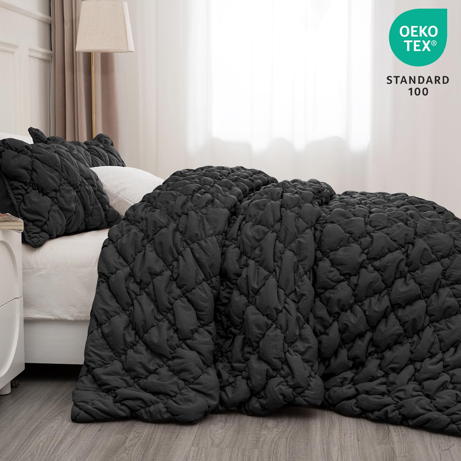 PHF Diamond Marshmallow Puff Comforter Set Queen Size, 3 Pieces Ultra Soft Lightweight Bedding Set for All Season, Pattern Textured 1 Comforter with 2 Pillow Shams, Black