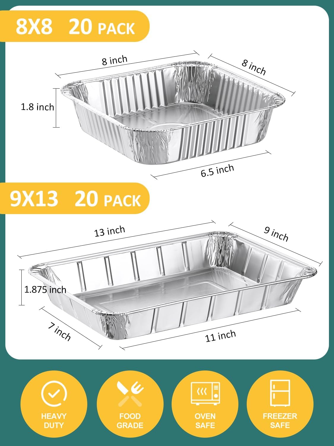 NEEBAKE 40 Pack Disposable Aluminum Pans Set - 20 Large 9x13 & 20 Small 8x8 Foil Trays for Meal Prep