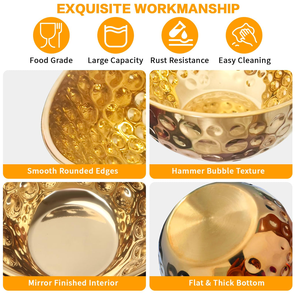 YEJZXY Stainless Steel Mixing Bowls Set, 5PCS Gold Hammered Bowls, 4.9/4.2/3.2/2.1/1.6QT Mixing Bowls for Kitchen, Nesting Design Serving Bowls