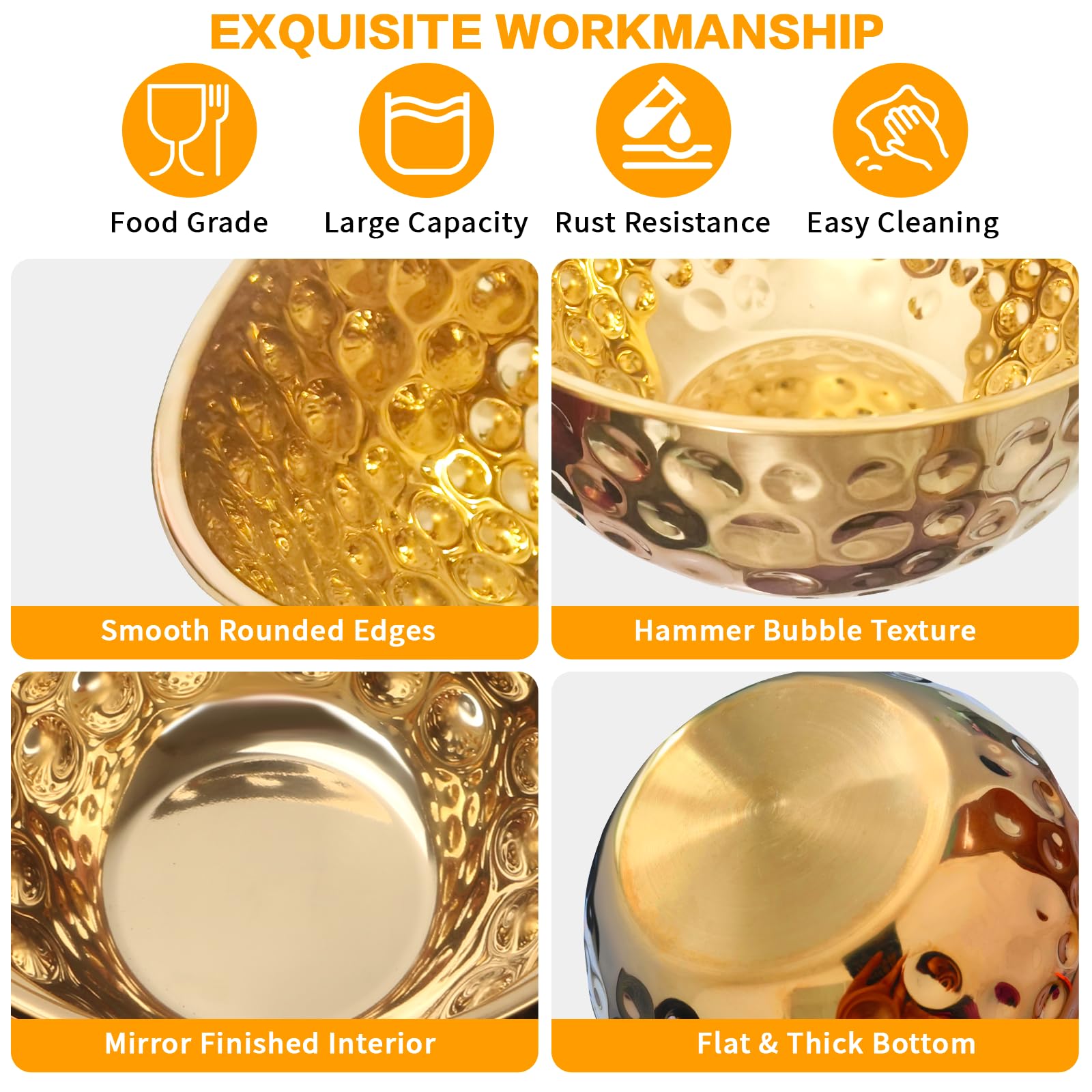 YEJZXY Stainless Steel Mixing Bowls Set, 5PCS Gold Hammered Bowls, 4.9/4.2/3.2/2.1/1.6QT Mixing Bowls for Kitchen, Nesting Design Serving Bowls