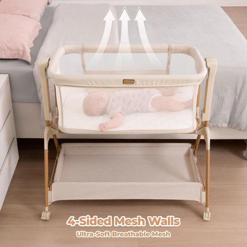 Ezebaby Baby Bassinet - 3-in-1 Rocking Bedside Sleeper with Breathable Full-Mesh Crib | 6 Height Adjustable, Portable with Lockable Wheels