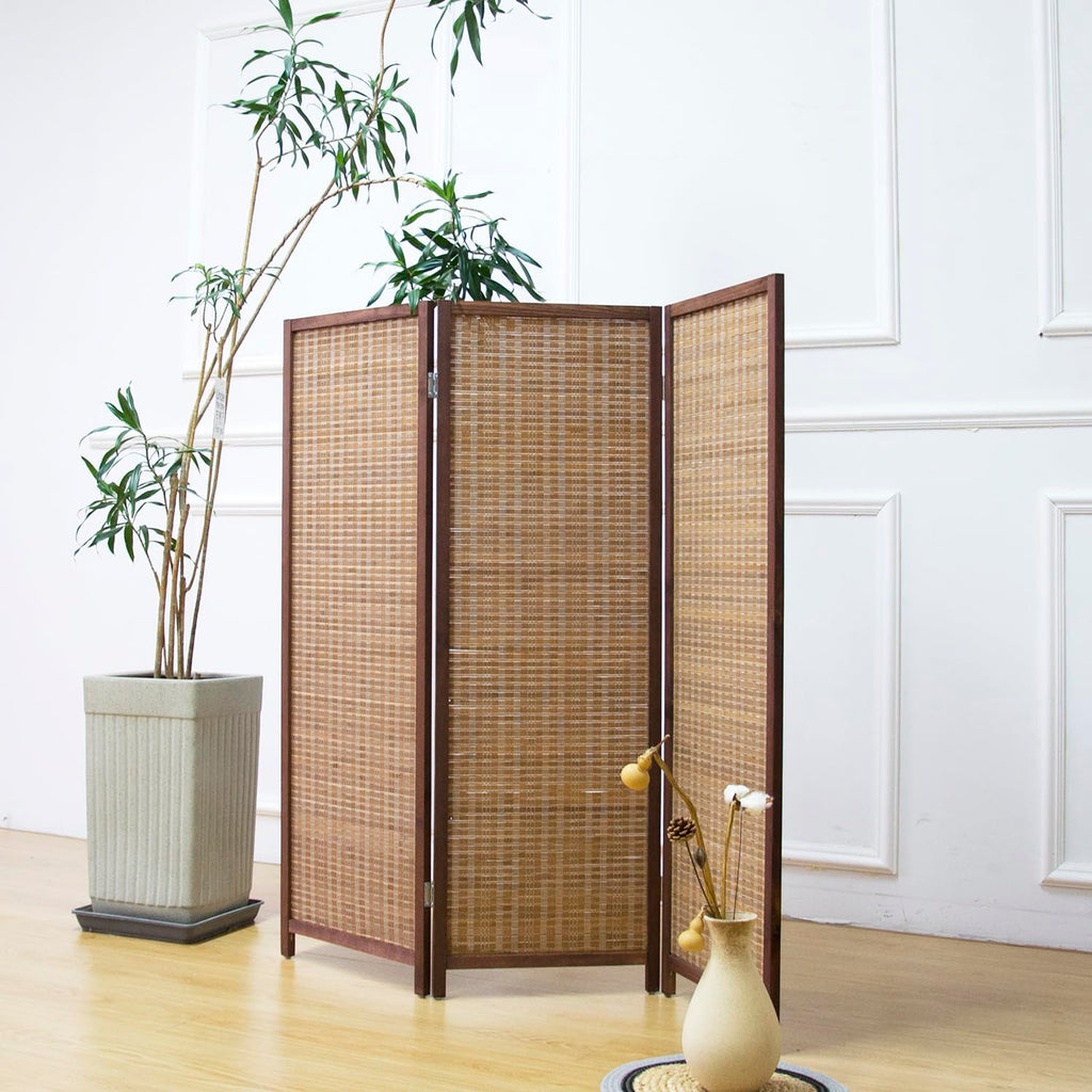 Furnnylane 3 Panel Short Room Divider Screen,Brown Freestanding Partition,Small Bamboo Panel Divider for Room Seperation,3.95 FT Tall