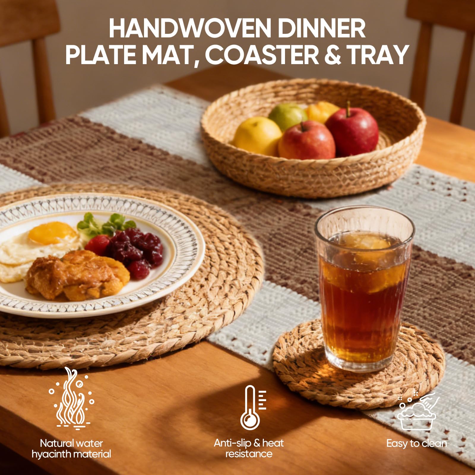 Swiscena 32 Pcs Boho Placemats Table Setting Set (6 Sets),Hand-Woven Natural Water Hyacinth Mats,Cloth Napkins,Napkin Rings,Linen Runner,Storage Basket&Coasters,Boho Kitchen Decor Dining Table Decor