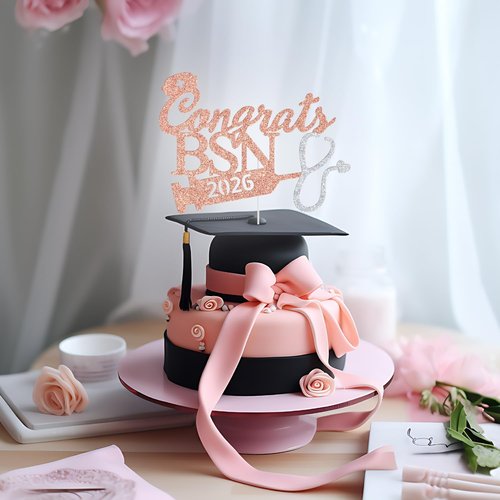 BSN 2026 Cake Topper - Rose Gold Glitter Graduation Decorations for Nurse RN Medical School