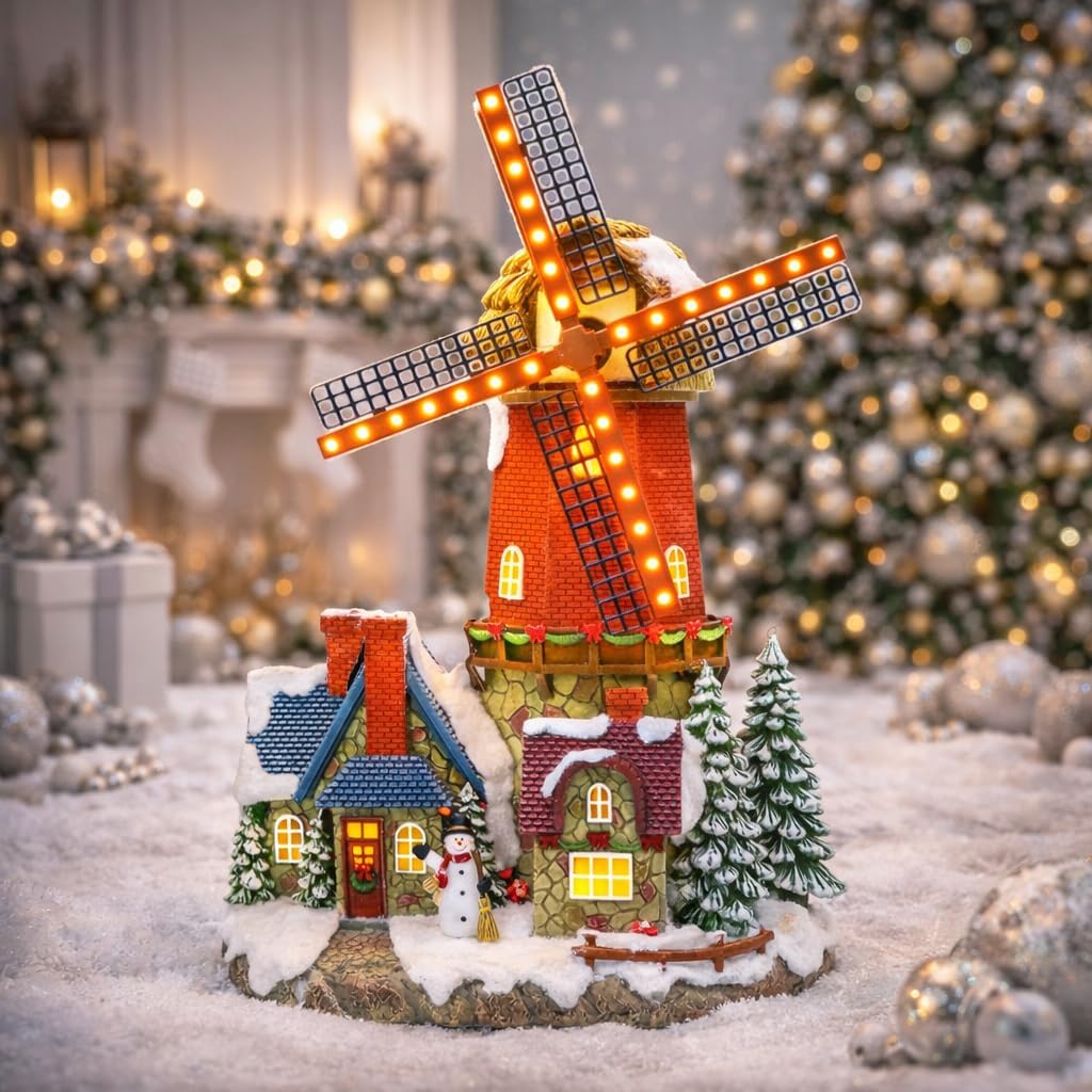 Moments In Time Lighted Windmill Christmas Village Building - Handcrafted LED Holiday Decoration 12.2”
