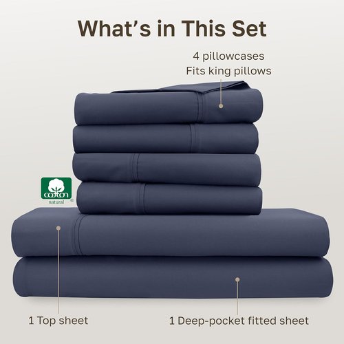 California Design Den King Size Sheet Set - Soft 400 Thread Count 100% Cotton, Deep Pocket, Indigo Dusty Blue | 6-Pc with 4 Pillowcases
