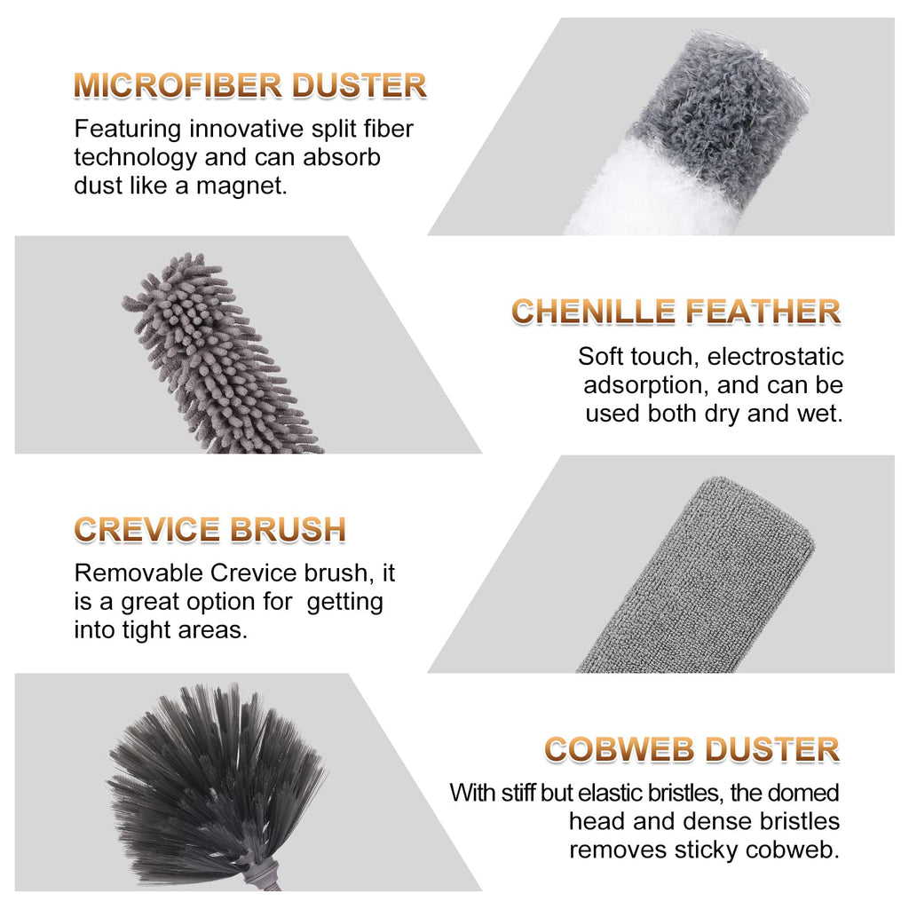 DEEHYO Microfiber Duster for Cleaning Fan, High Ceiling, Blinds, Furniture, Cars , 9PCS Extendable Feather Duster (Stainless Steel) 30 to 100 Inches, Reusable Bendable Washable