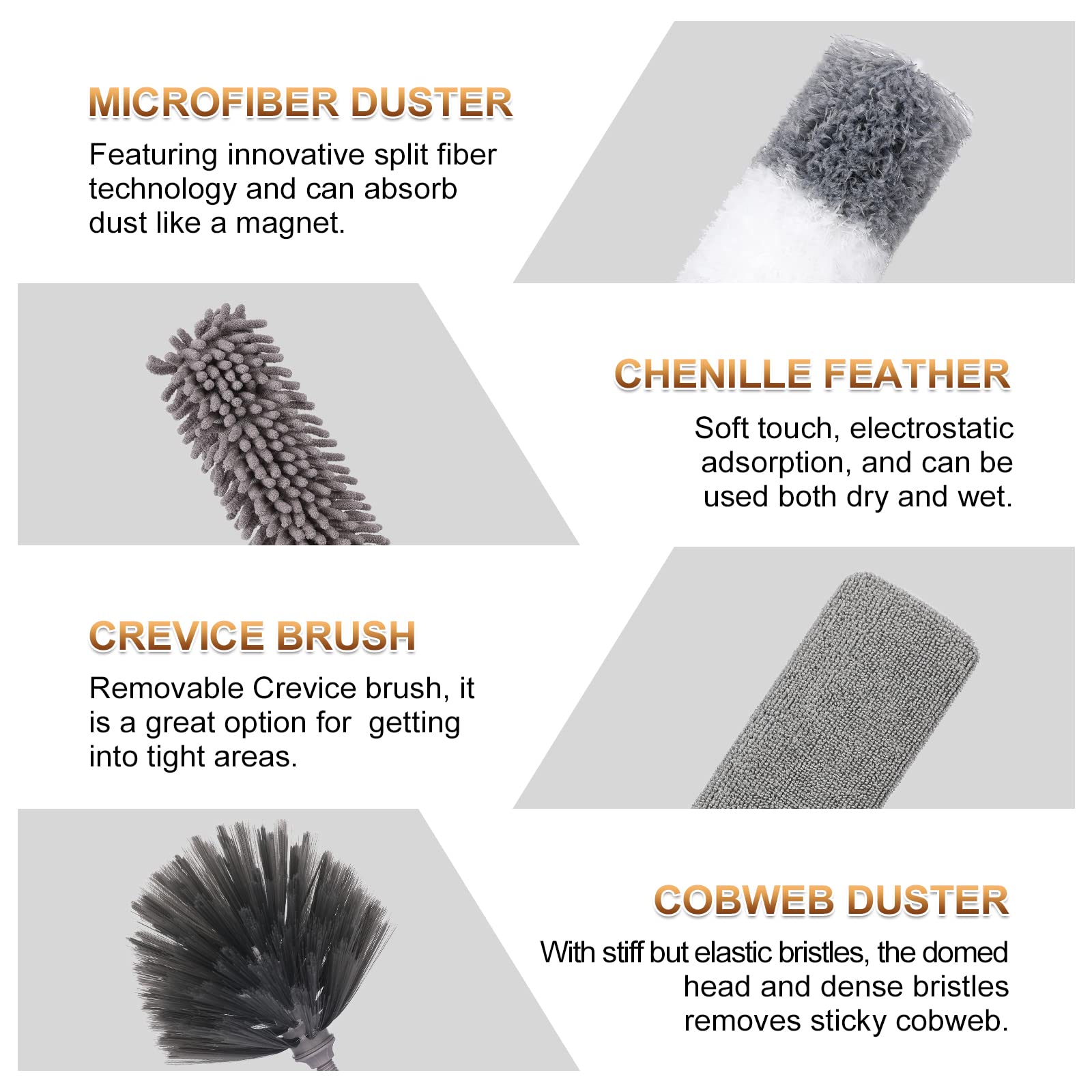 DEEHYO Microfiber Duster for Cleaning Fan, High Ceiling, Blinds, Furniture, Cars , 9PCS Extendable Feather Duster (Stainless Steel) 30 to 100 Inches, Reusable Bendable Washable