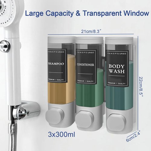 Emelunox 3-Chamber Wall Mount Shower Dispenser - No-Drill Adhesive or Drill Mount - Refillable Shampoo, Conditioner & Body Wash Dispenser for Home, RV & Hotel - Eco-Friendly & Compact (Silver)