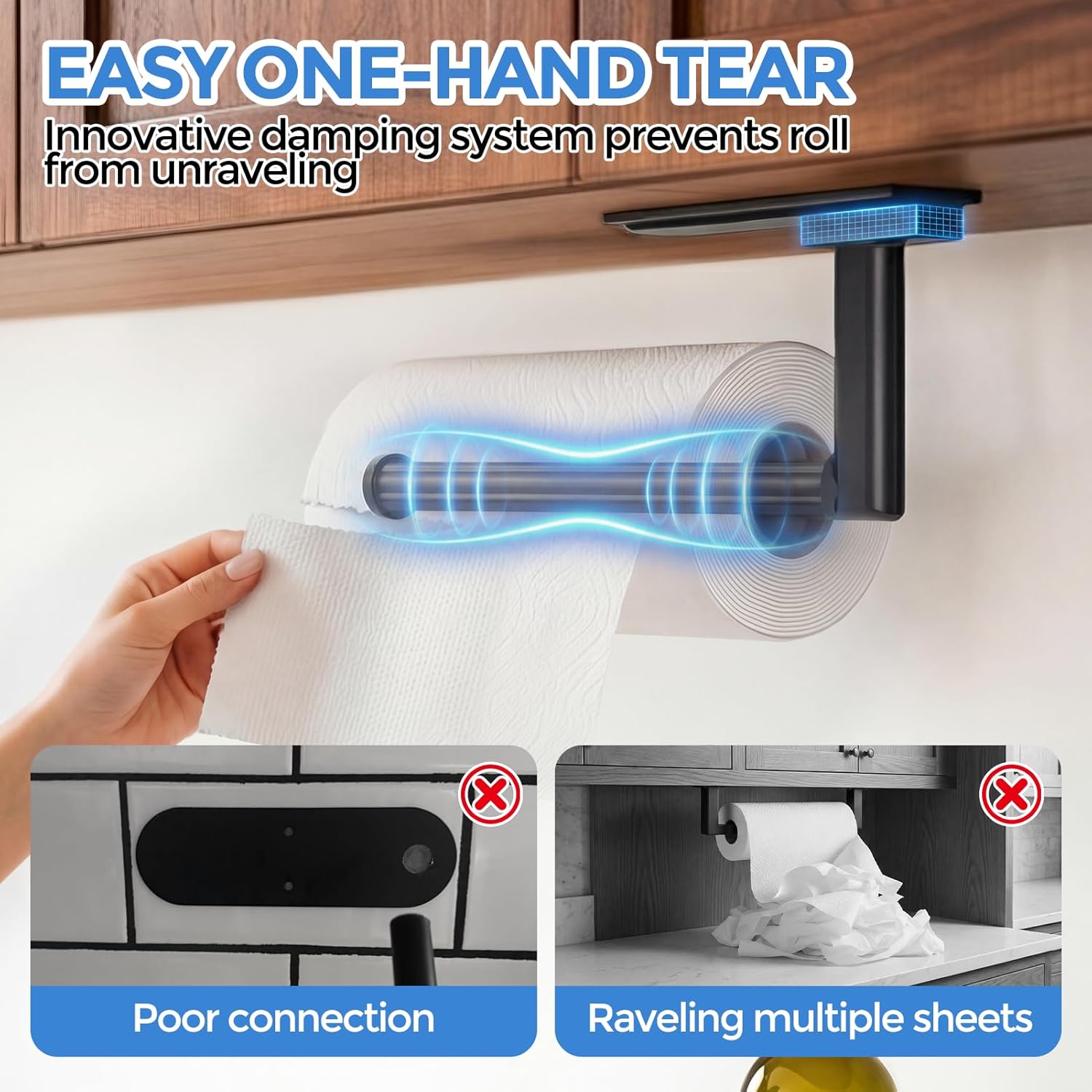 Zaa Paper Towel Holder - Under Cabinet Self-Adhesive or Drilling Wall Mount | One-Hand Tear Black Design for Kitchen & Bathroom Organization