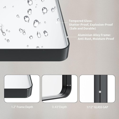 LOAAO Bathroom Mirror - 72x36 Inch Matte Black Metal Framed | Large Rounded Rectangle, Anti-Rust, Shatter-Proof