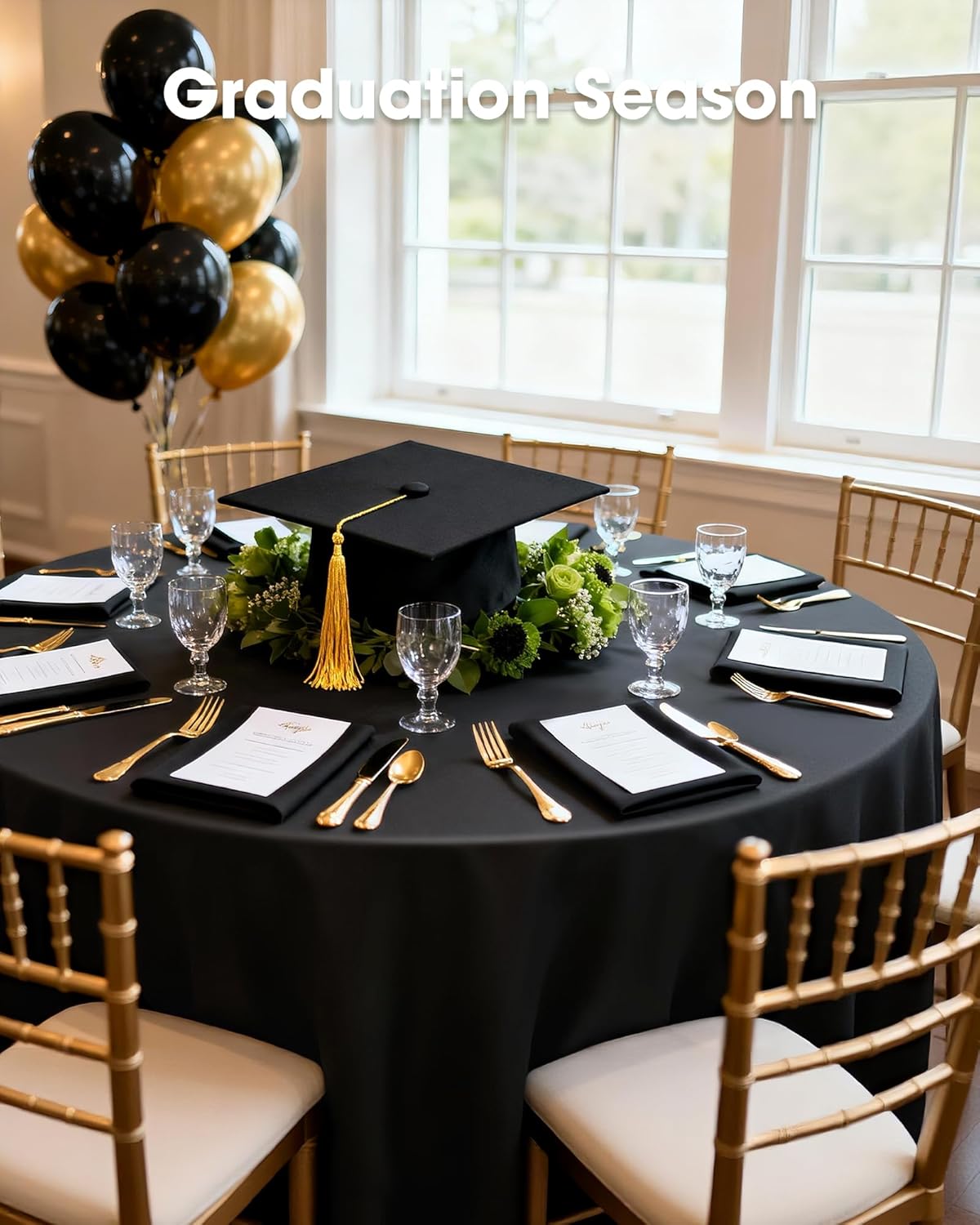 Pureegg Disposable Plastic Table Cloths - 84'' Round, Leakproof & Sturdy for Graduation Party | 8 Pack, Black
