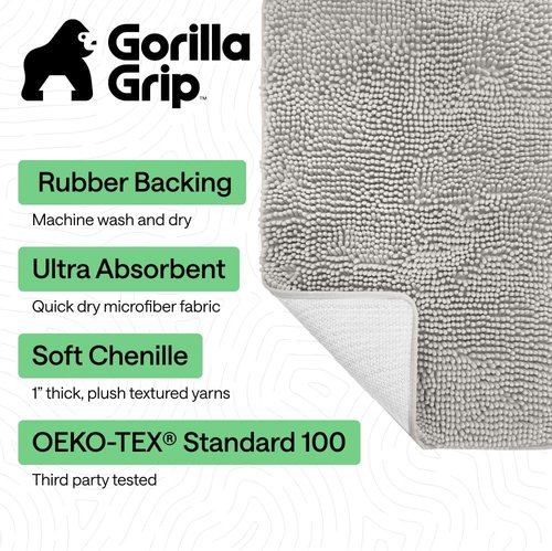 GORILLA GRIP Bath Rug Mat - Soft Absorbent Chenille | Quick-Dry Microfiber 48x17 Light Gray