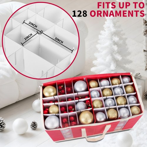 DIMESHY Large Christmas Ornament Storage Box - Adjustable Dividers & Two Handles for 128 Decorations | Red