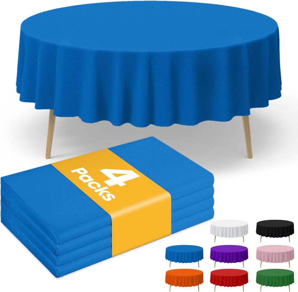 Niuara Blue Plastic Tablecloths - 84" Round Disposable Covers for Holiday Parties | 4 Pack