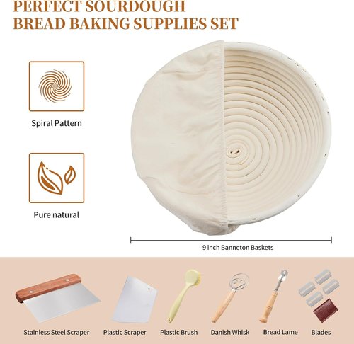 Dimpola Banneton Bread Proofing Basket Set - Handmade Rattan Sourdough Bowls | 9-Inch Round Size