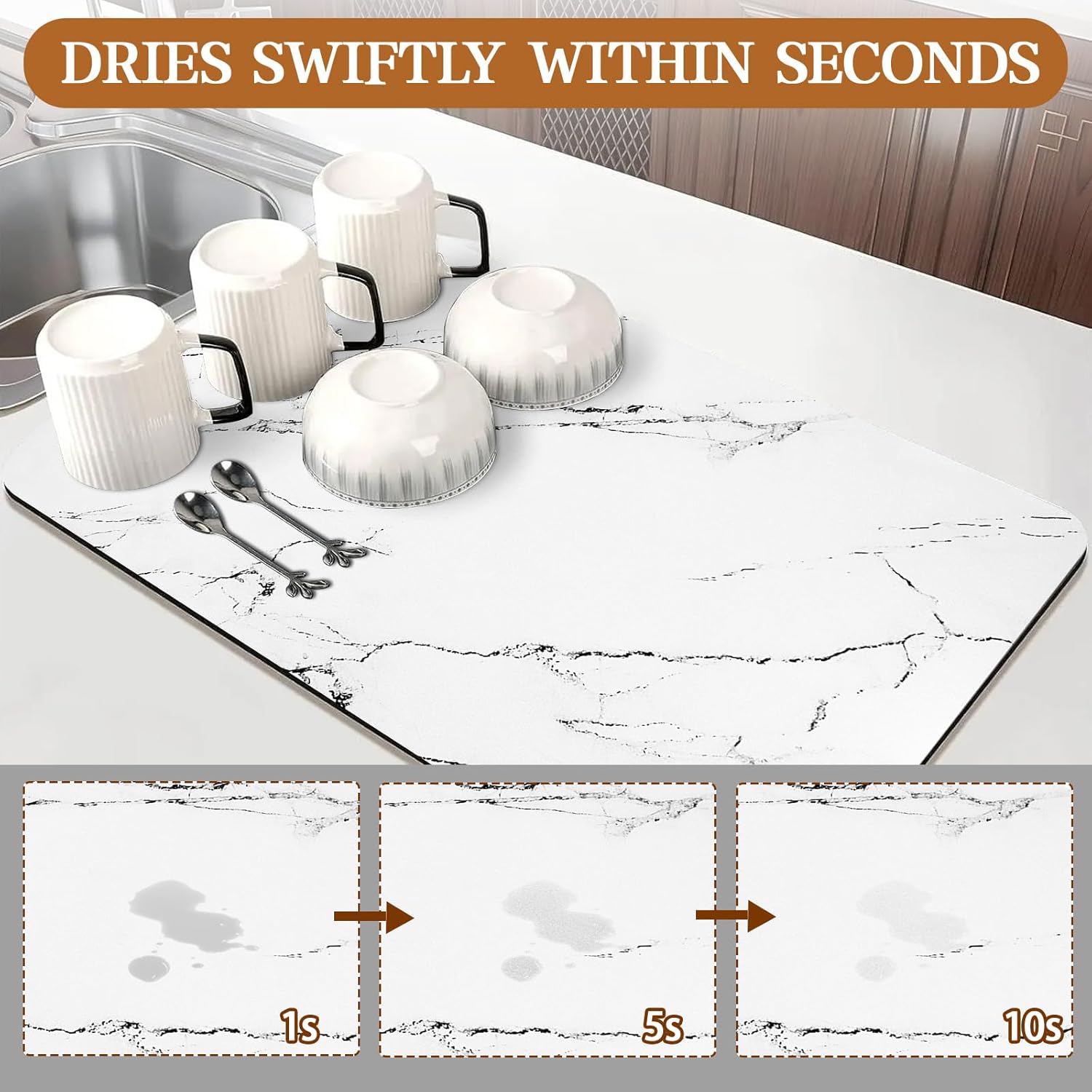 Skiennix White Dish Drying Mat - 24"x16" Absorbent & Heat Resistant with Non-Slip Backing