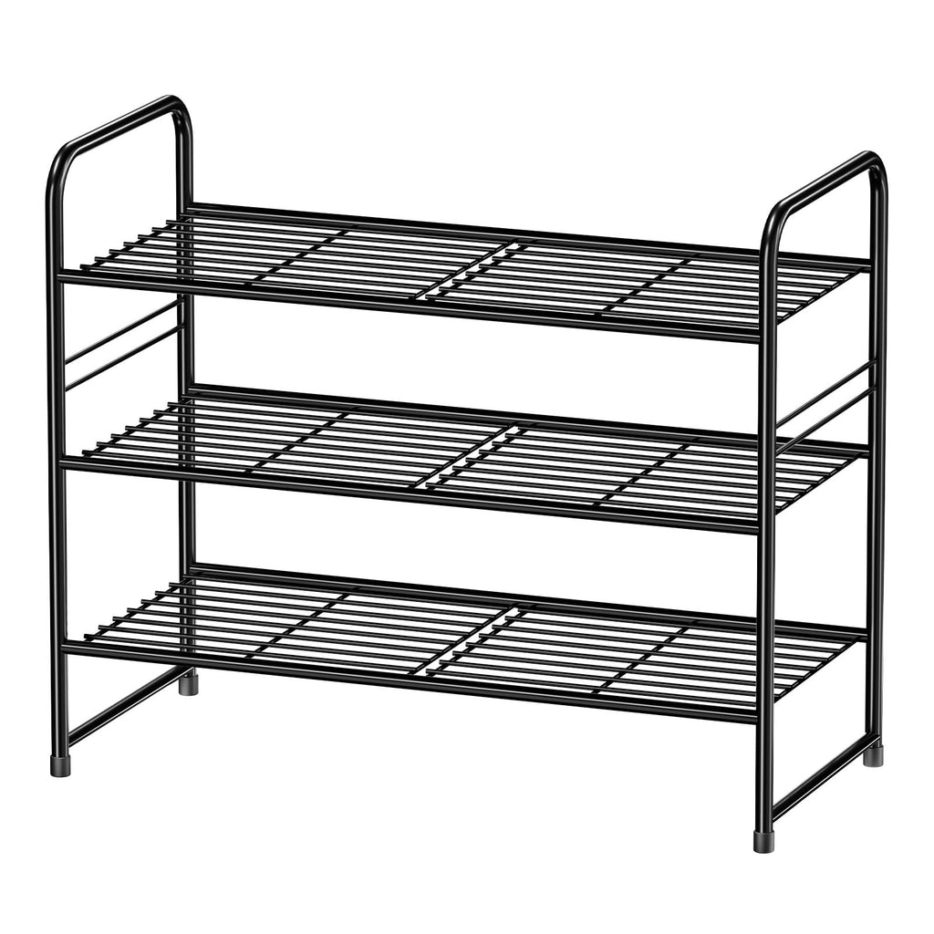 MWQ Shoe Organizer for Closet, Metal Shoe Shelf Rack Stackable 3 Tier 27 Inch Wide for Entryway, Adjustable, Black