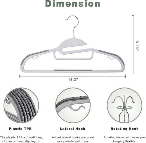 BAGAIL Plastic Hangers - 50 Pack Non-Slip Design with 360° Swivel Hook | Space-Saving Grey Organizers for Shirts & Pants