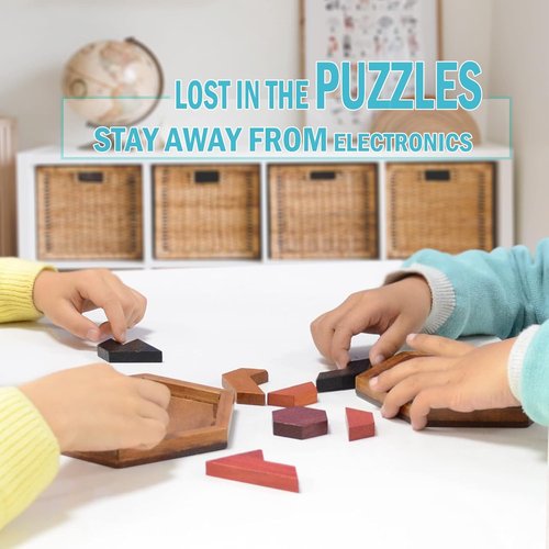 KINGOU Hexagon Tangram Puzzle | Engaging Wooden Brain Teasers for Kids & Adults - Perfect Family Game