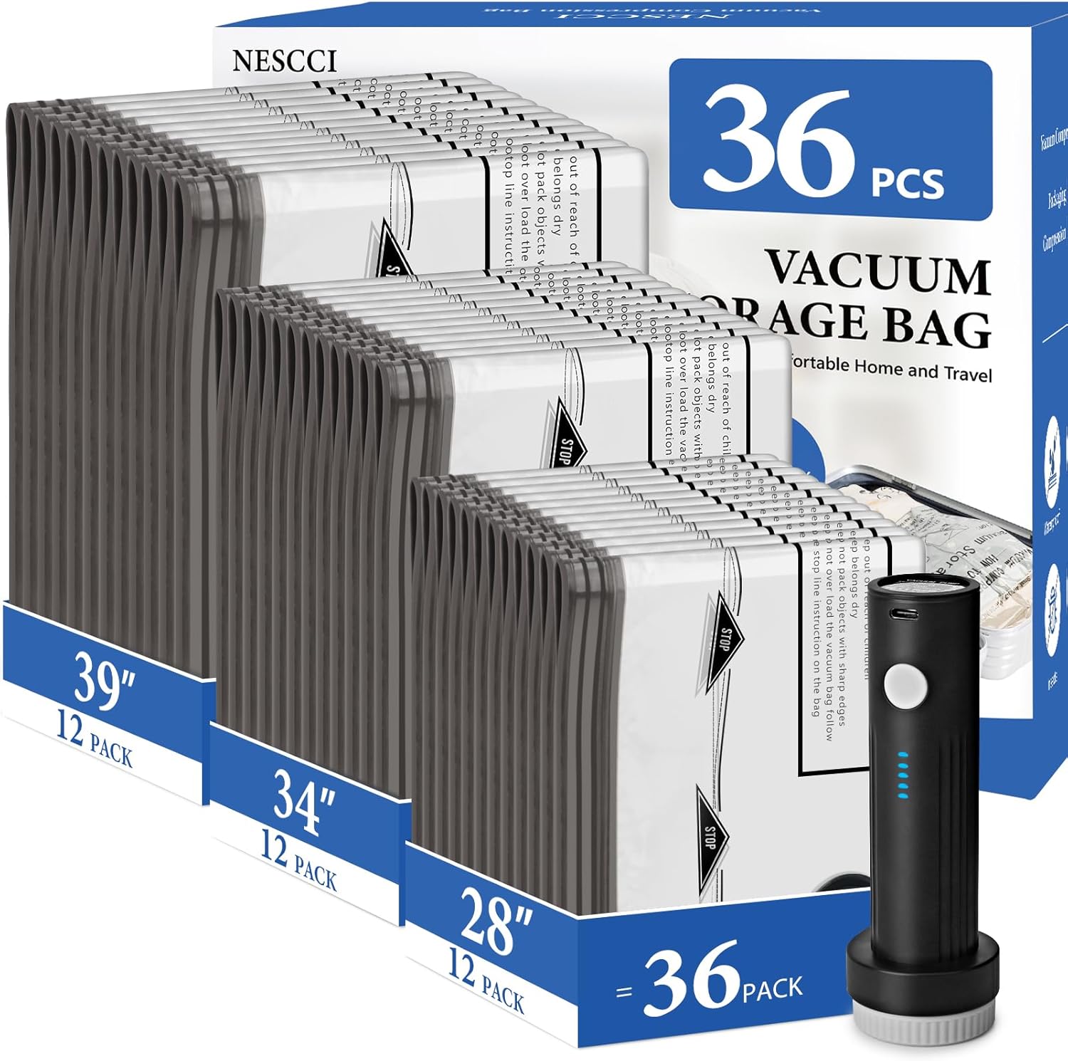 NESCCI Travel Vacuum Bags - 36 Pack Compression Packing Bags with Rechargeable Wireless Air Pump | Space Saver for Luggage and Carry-On