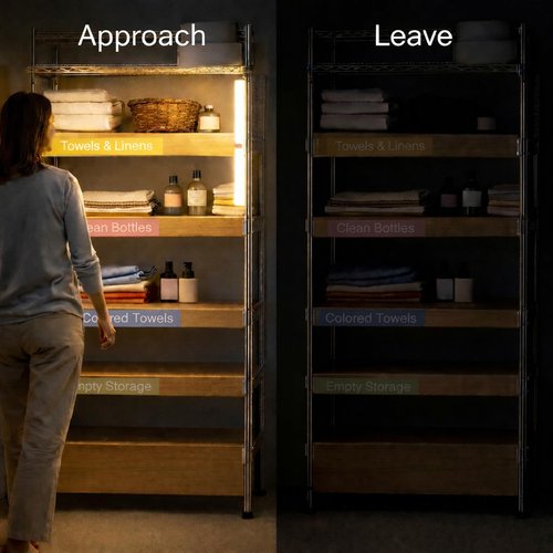 5 PCS Wire Rack Covers 24×12 in, Wood Grain PVC Shelf Covers with LED Motion Light &Labels, Renter Friendly, Easy-Cut Moisture-Resistant No-Tool, No-Drill Install for Pantry, Laundry, Kitchen, Garage