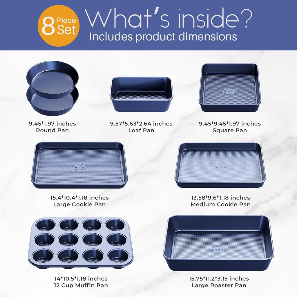 Skiennix 8-Piece Baking Pans Set - Nonstick Bakeware for Oven | Ceramic Coated Blue Cookie & Muffin Pans