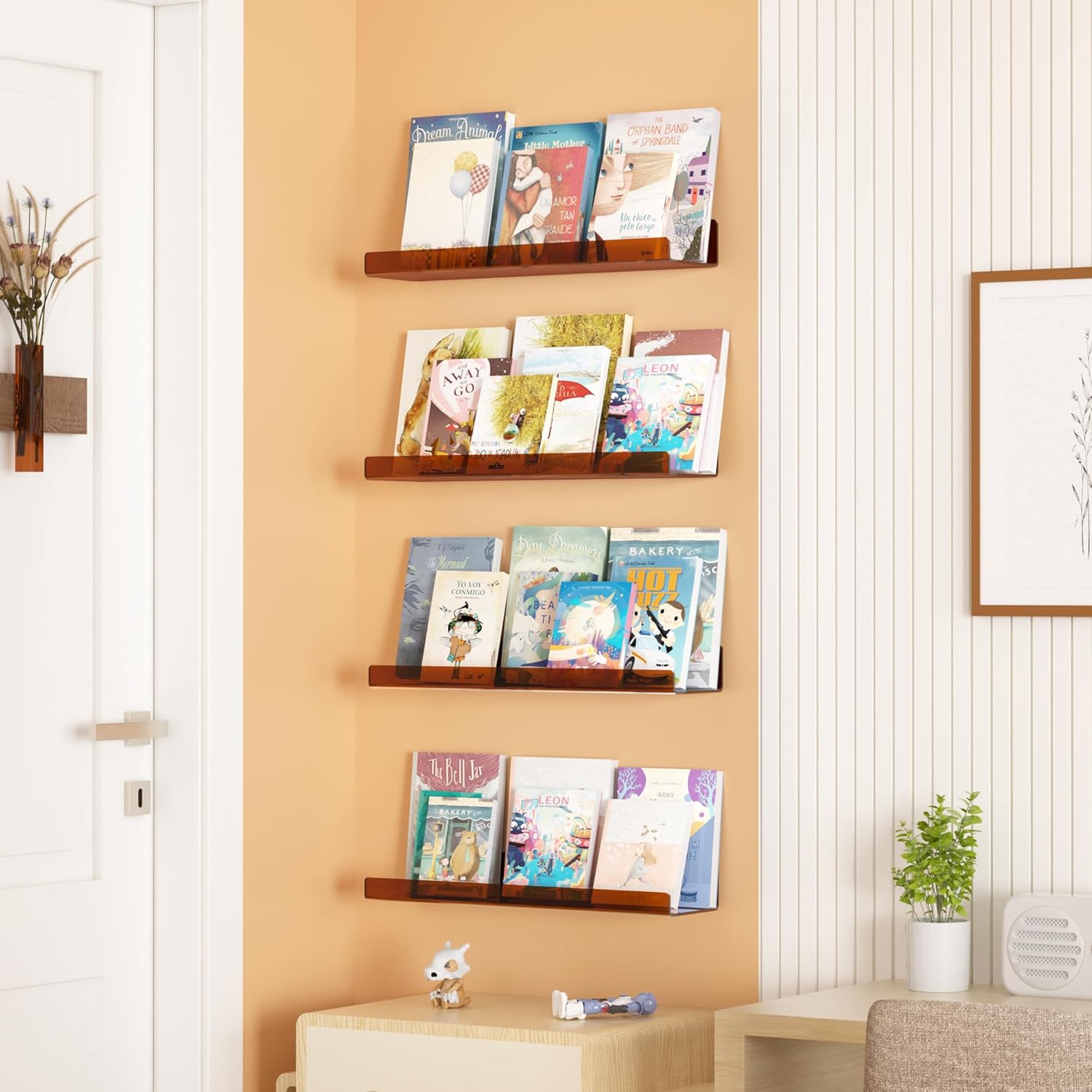 Upsimples Acrylic Wall Shelves - 15" Floating Display Shelf & Perfume Organizer | Clear Brown, 4 Pack