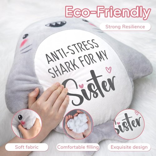 IDELTIME Sister Birthday Gifts - Throw Pillow, Easter Birthday Gifts for Sister in Law Adult Sis Bestie Friends Women, Funny Sisters Gift from Brother Sis Sibling, Shark Plush Stuffed Animal 15’’