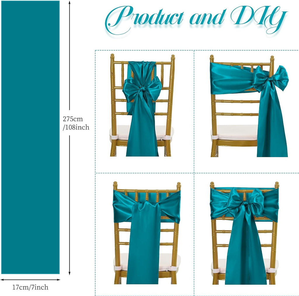 Skiennix 100 PCS Satin Chair Sashes - Turquoise Decorative Bow Ties for Weddings & Events | 7 x 108 Inch