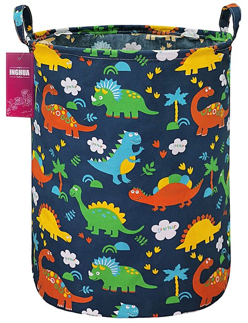 INGHUA Laundry Hamper Large Canvas Fabric Lightweight Storage Basket/Toy Organizer/Dirty Clothes Collapsible Waterproof for College Dorms, Boys and Girls Bedroom,Bathroom (Forest Dinosaurs)