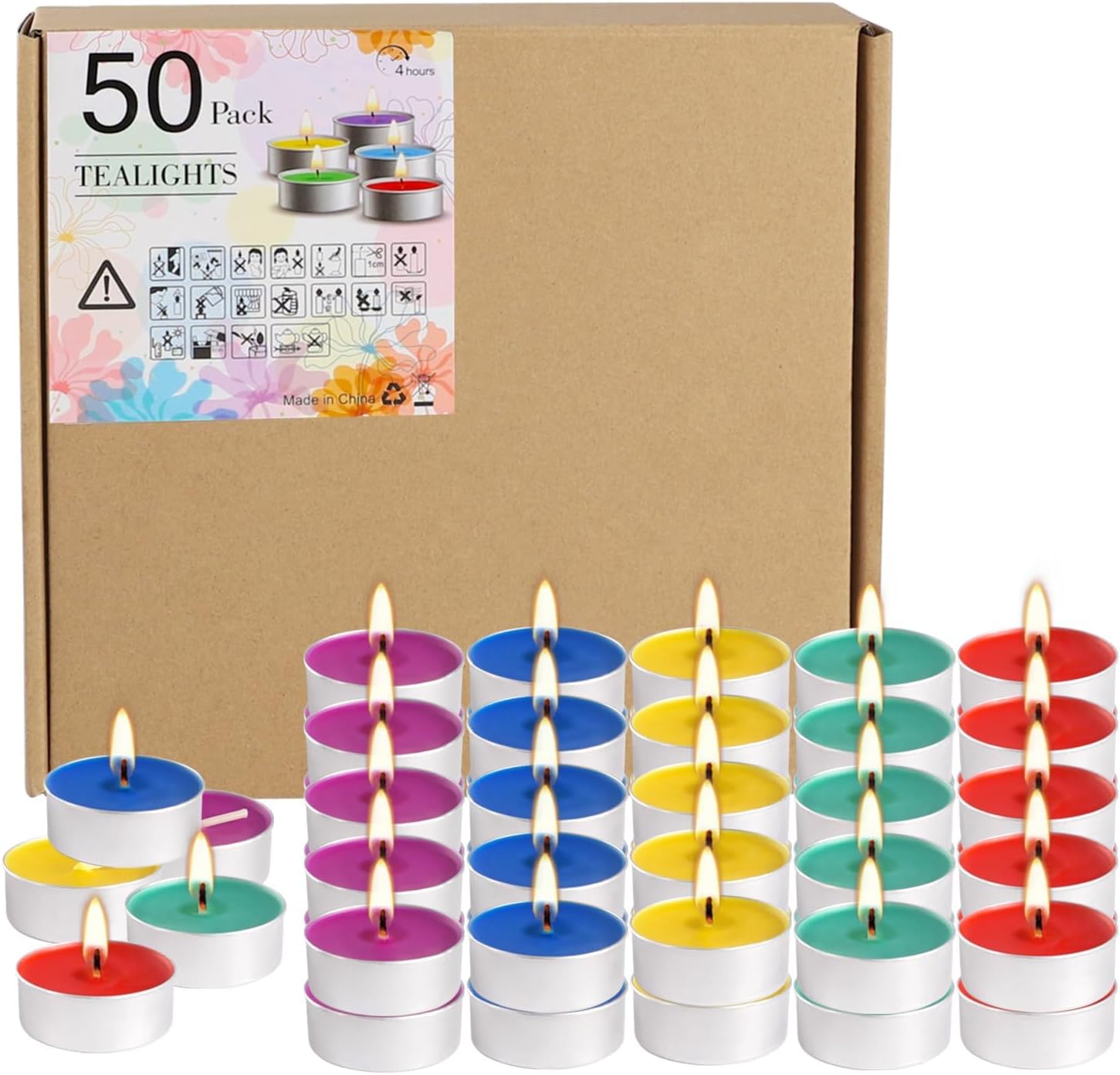 Tealight Candles | 50 Pack Unscented Assorted Colors - 4+ Hour Clean-Burning Votive for Home Decor & Relaxation