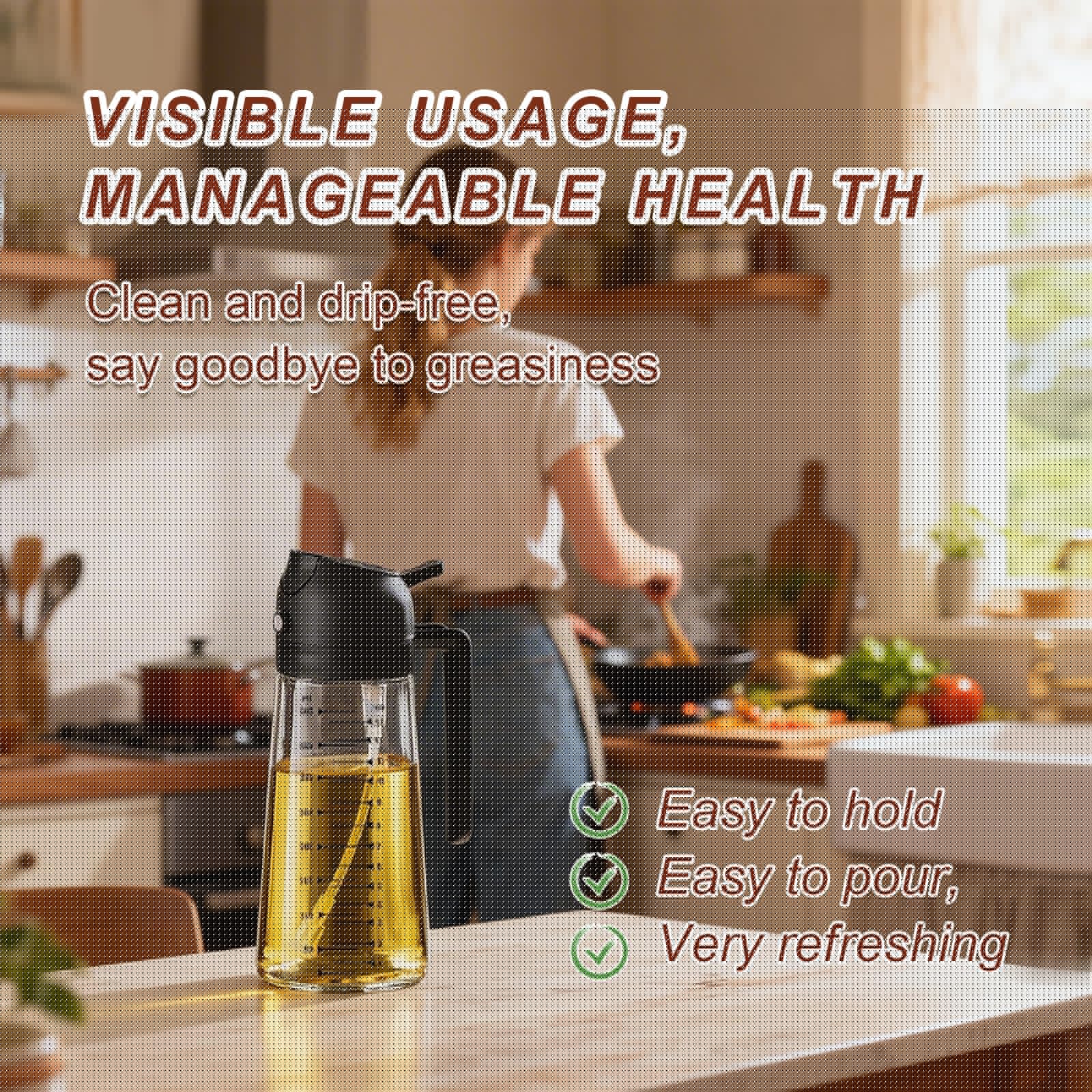 X&E 16oz/470ml Glass Olive Oil Sprayer for Cooking, 2 in 1 Olive Oil Dispenser Bottle, Food Grade Oil Mister for Kitchen Gadgets, Air Fryer Accessories, Salad & BBQ – Black