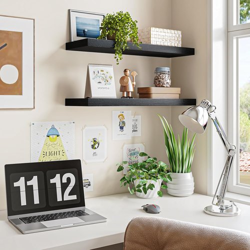 Fixwal Black Floating Shelves - 22" Rustic Wall-Mounted Wood Shelves for Living Room, Bedroom & Kitchen | Set of 2