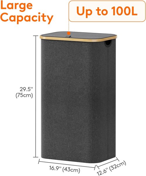 Lifewit 100L Laundry Basket - Foldable Hamper with Lid & Bamboo Handles | Dark Gray, Large Capacity