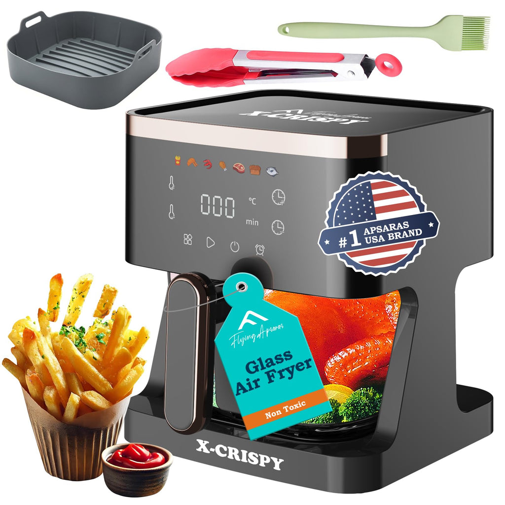 APSARAS USA Air Fryer Glass, 5.2QT Convection Oven Glass Air Fryer Non Toxic, Transparent Fry Bowl | Cook Shrimp, Steak, Fries, Wings, Chicken & More | Precise Temperature Control & Time