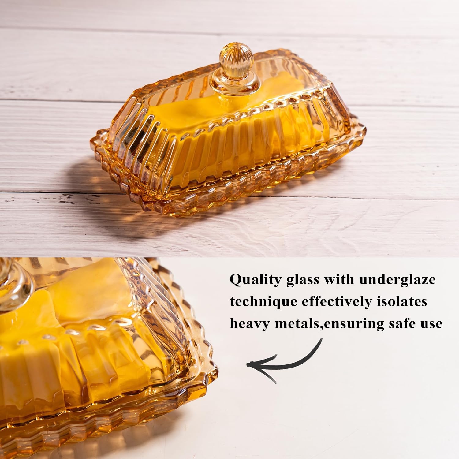 Champagne Color Glass Butter Dish with Lid, Covered Butter Stick Holder Tray, Crystal Glass Butter Storage Container for Kitchen Countertop