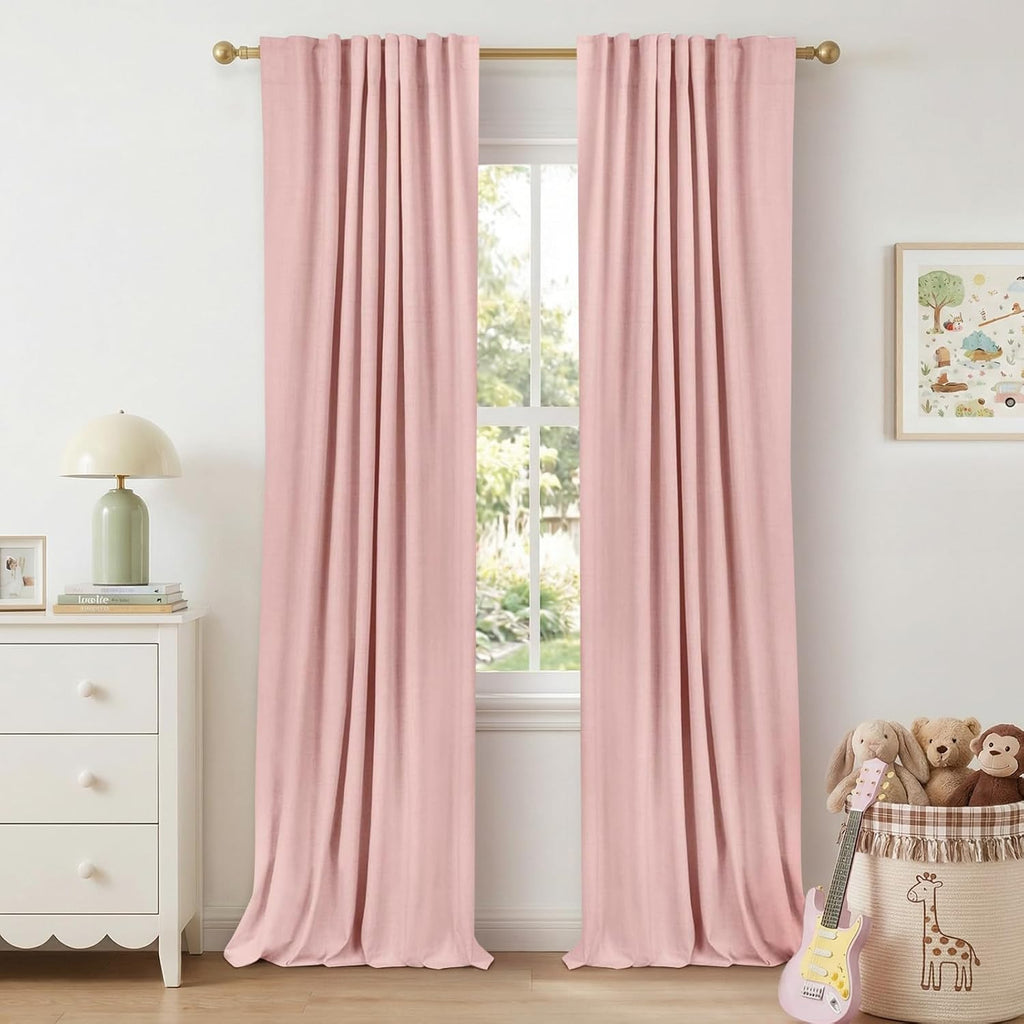 Skiennix 100% Blackout Linen Curtains - Thermal Insulated Drapes, 50" W x 96" L, Baby Pink | 2 Panels Set
