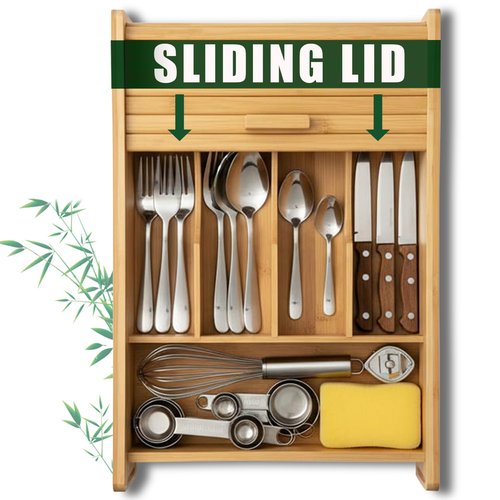 KozyKoala & Co. Bamboo Drawer Organizer with Sliding Lid - 5 Slot Kitchen Drawer Organizer & Utensil Holder - Wood Bamboo Cutlery Tray for Flatware & Multipurpose Storage for Home & Office