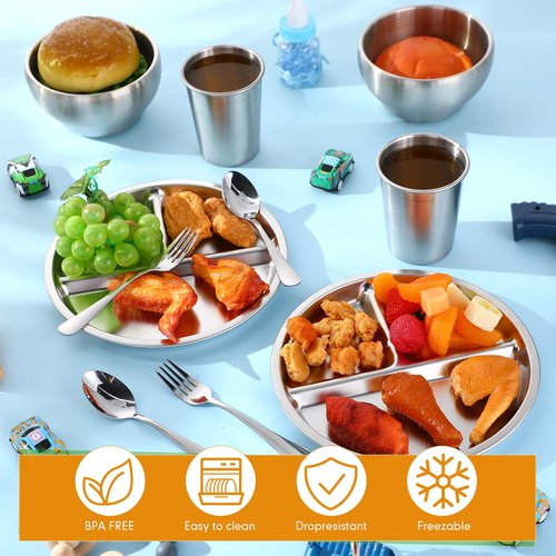 Jinei 30 Pcs Stainless Steel Dishes Set 6 Stainless Steel Plates, 6 Bowls, 6 Cups, 6 Spoons, 6 Forks, Dishwasher Safe, Durable Dining Set for Home Travel Camping (Tableware)
