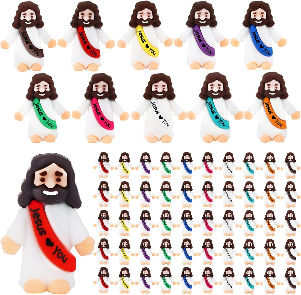 URSKYTOUS Mini Jesus Figurines - 50Pcs Tiny Rubber Jesus Toys for Easter Eggs & Baptism Gifts