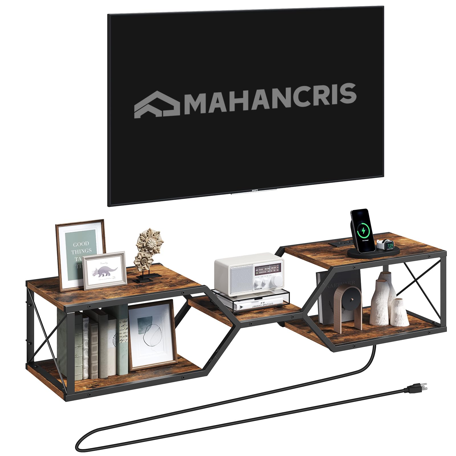 MAHANCRIS Floating TV Stand with Power Outlet, Wall-Mounted TV Shelf with X-Shaped Frame, Floating Entertainment Center with Storage, for Living Room, Bedroom, Black TVBK301E01
