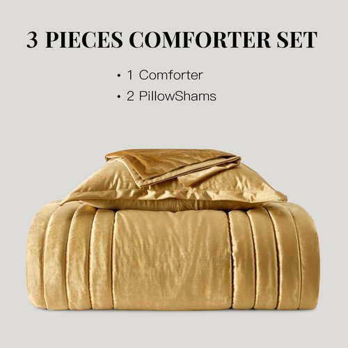 MUSSEL Bedding Comforter Set Queen Size 3 Pieces-Luxury Shiny Gold Striped Lightweight Bedroom Comforter Queen Size,Soft Velvet Bed Set with 2 Shams