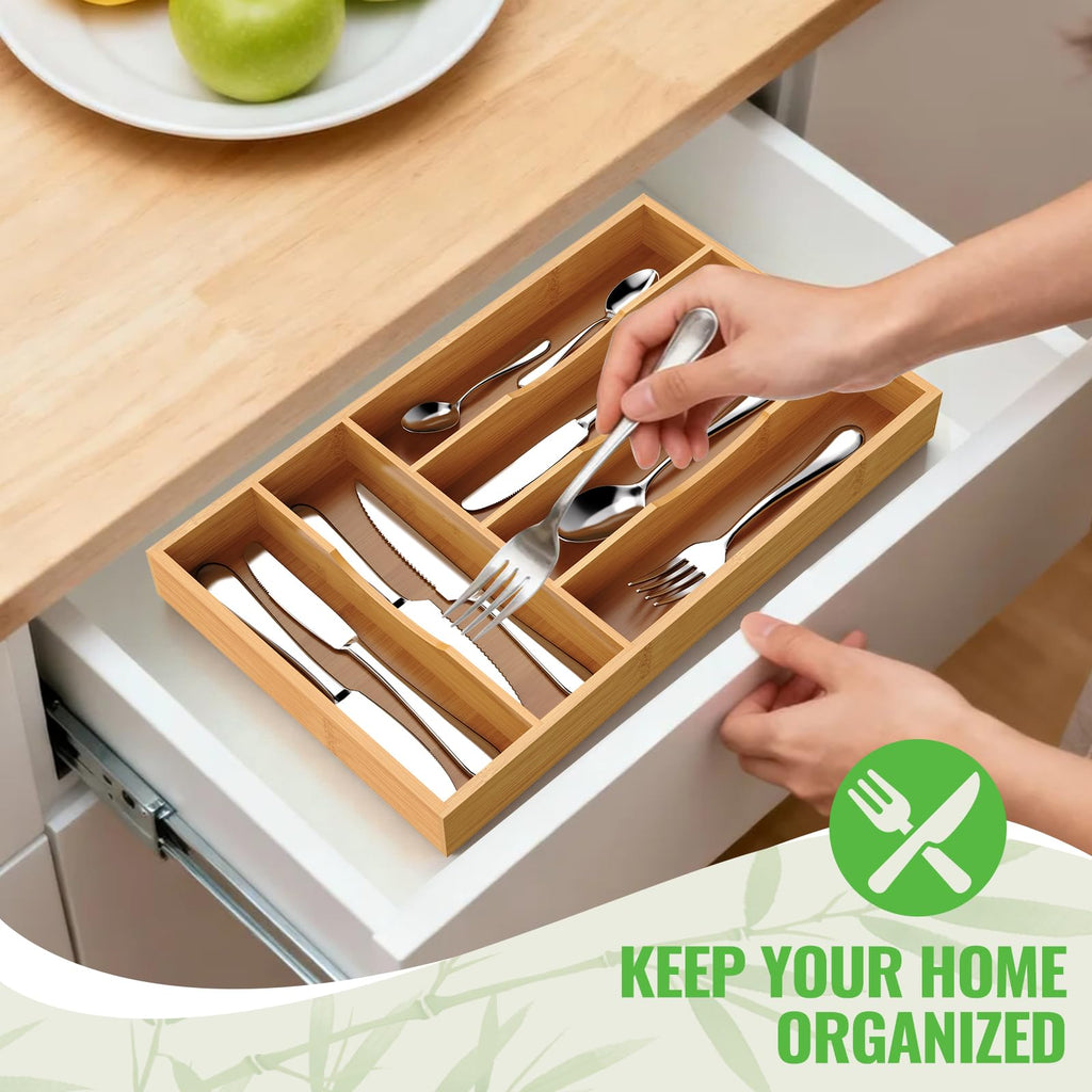 Bayting Bamboo Silverware Organizer, Bamboo Kitchen Drawer Cutlery Organizer, Utensil Holder, Flatware Organizer Tray (15.8"x9.5"x1.6")