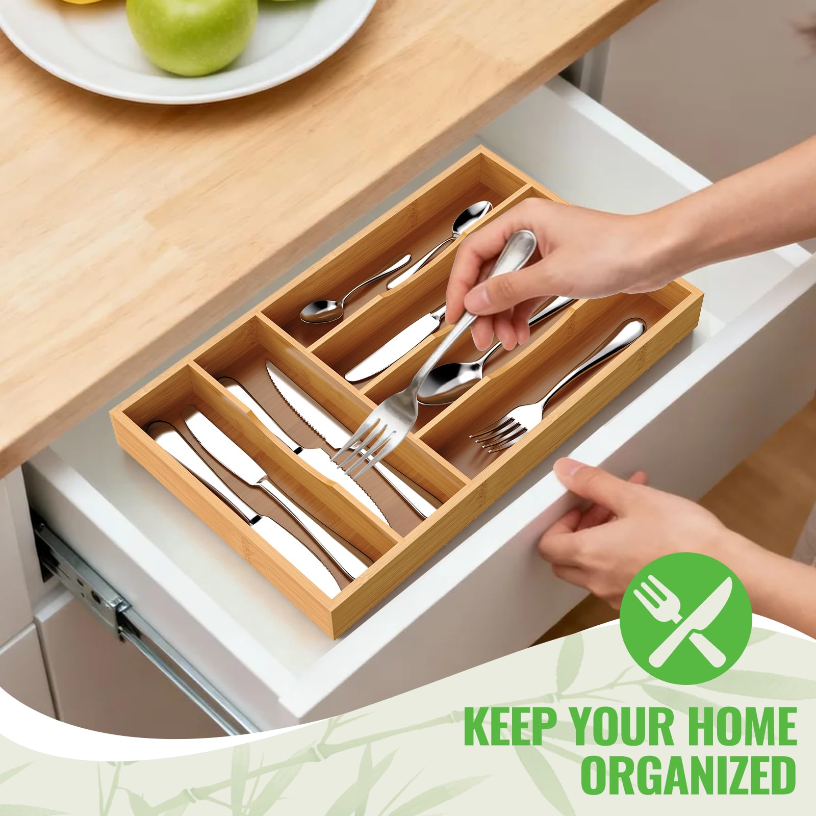 Bayting Bamboo Silverware Organizer, Bamboo Kitchen Drawer Cutlery Organizer, Utensil Holder, Flatware Organizer Tray (15.8"x9.5"x1.6")