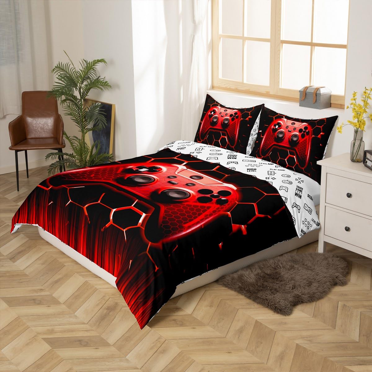 Manfei Kids Gaming Duvet Cover Set Full Size, Red Geometric Gamepad Bedding Set 3pcs for Boys Girls Game, Modern Gamer Comforter Cover Videogames Reversible Quilt Cover with 2 Pillowcases,No Comforter